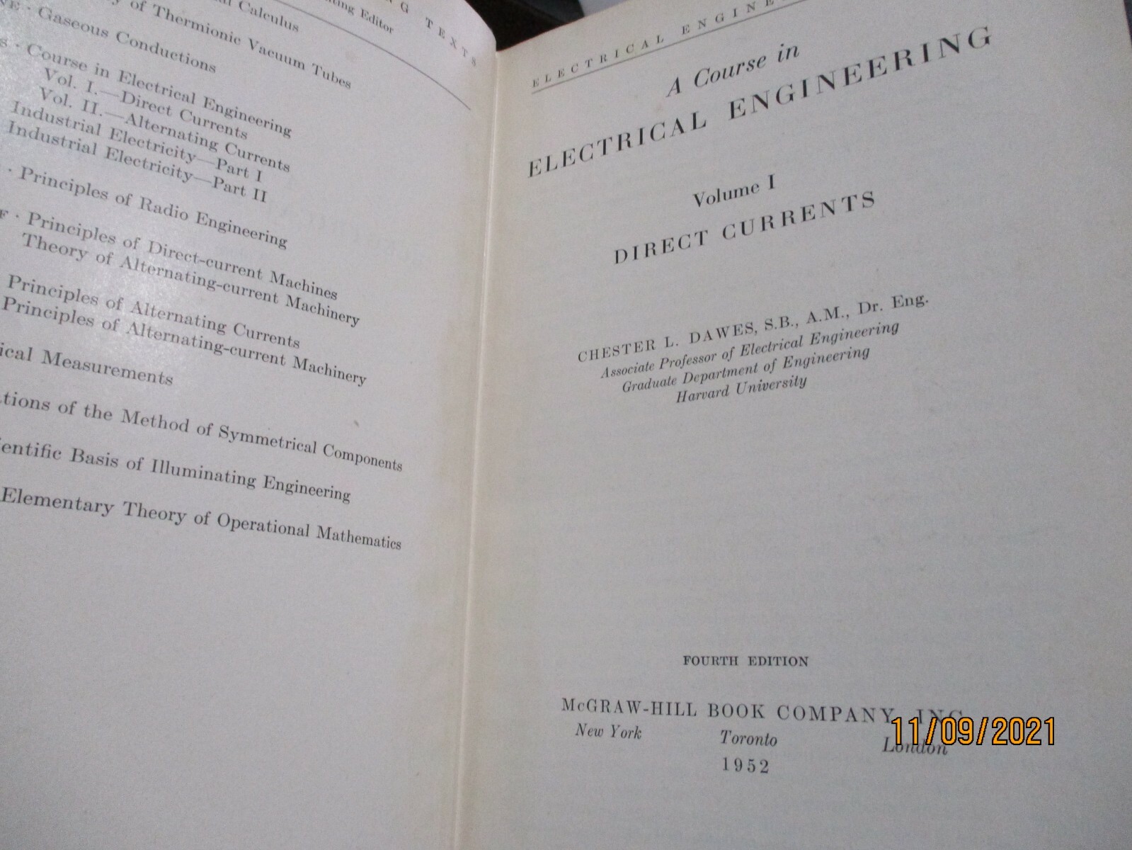ELECTRICAL ENGINEERING TEXTS Vol 1 hc Direct Currents Chester L Dawes 1952 4th