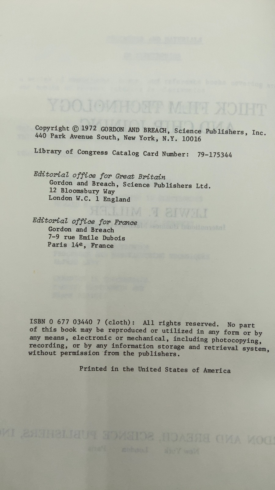 Thick Film Technology AND Chip Joining Lewis F. Miller Hardcover 1972
