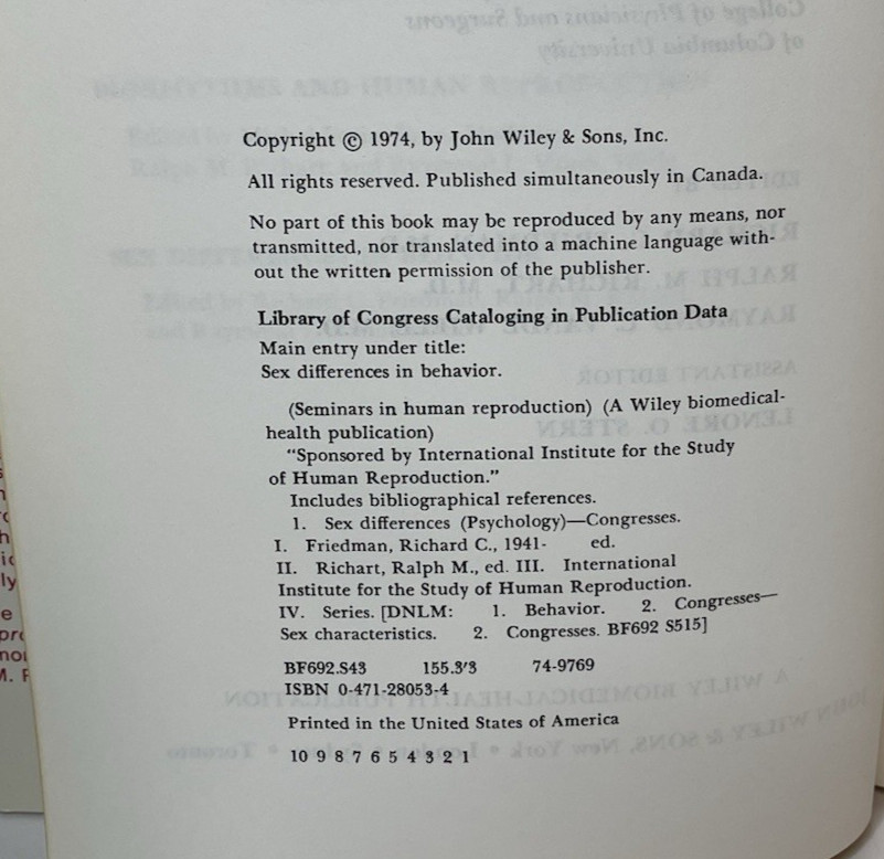 Sex Differences in Behavior HC Book Biomedical Health John Wiley 1974 Rare Vtg