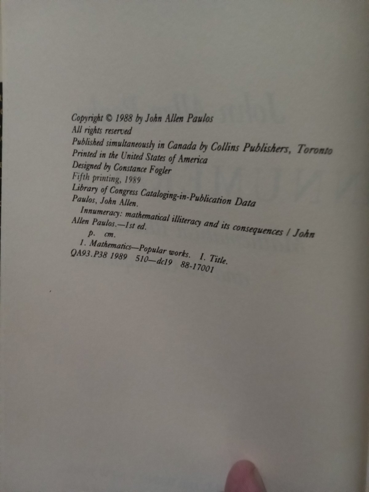 Innumeracy Mathematical Illiteracy and Its Consequences John Allen Paulos 1989