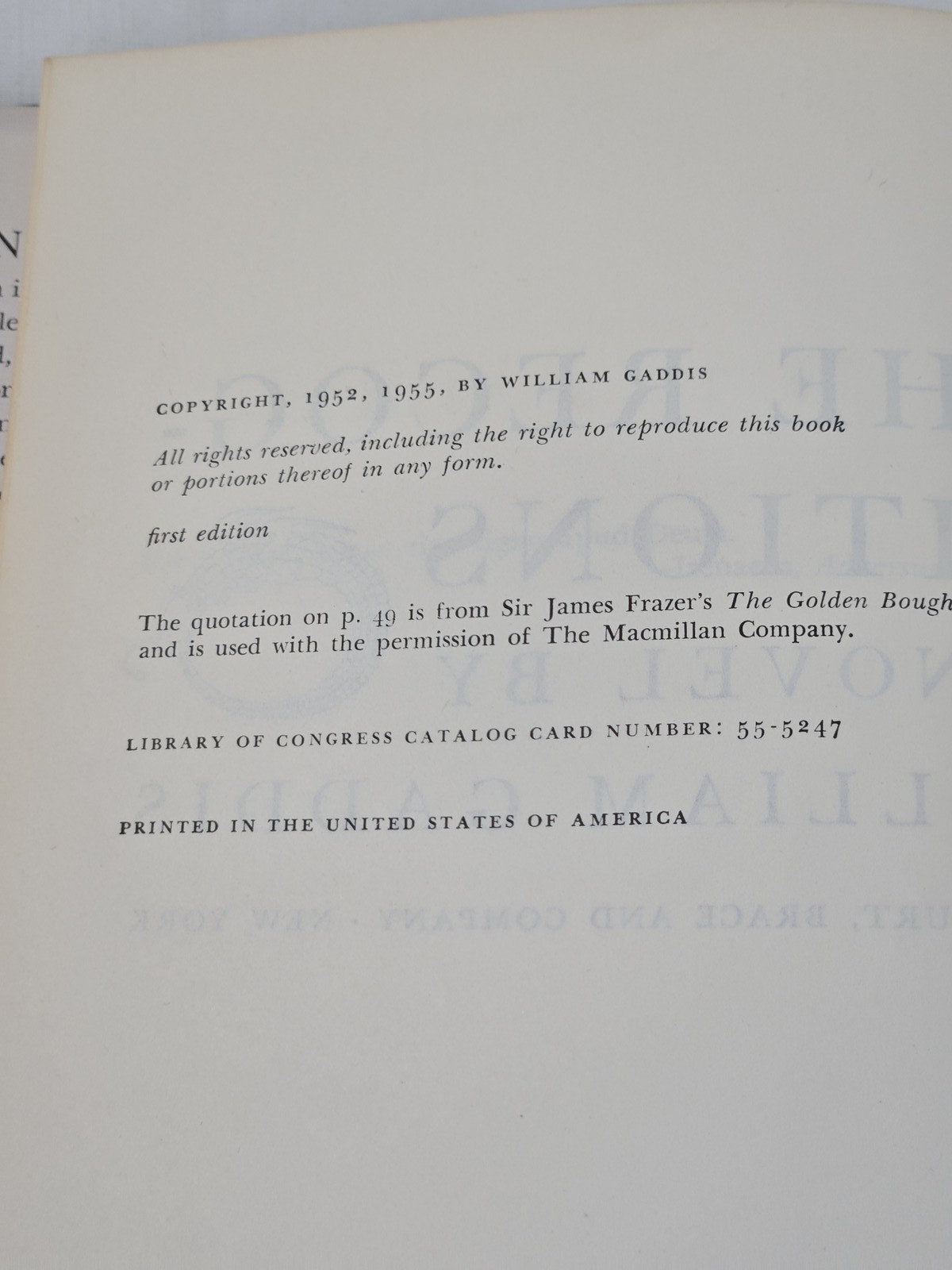 The Recognitions by William Gaddis 1955 First Edition Harcourt Brace & Company