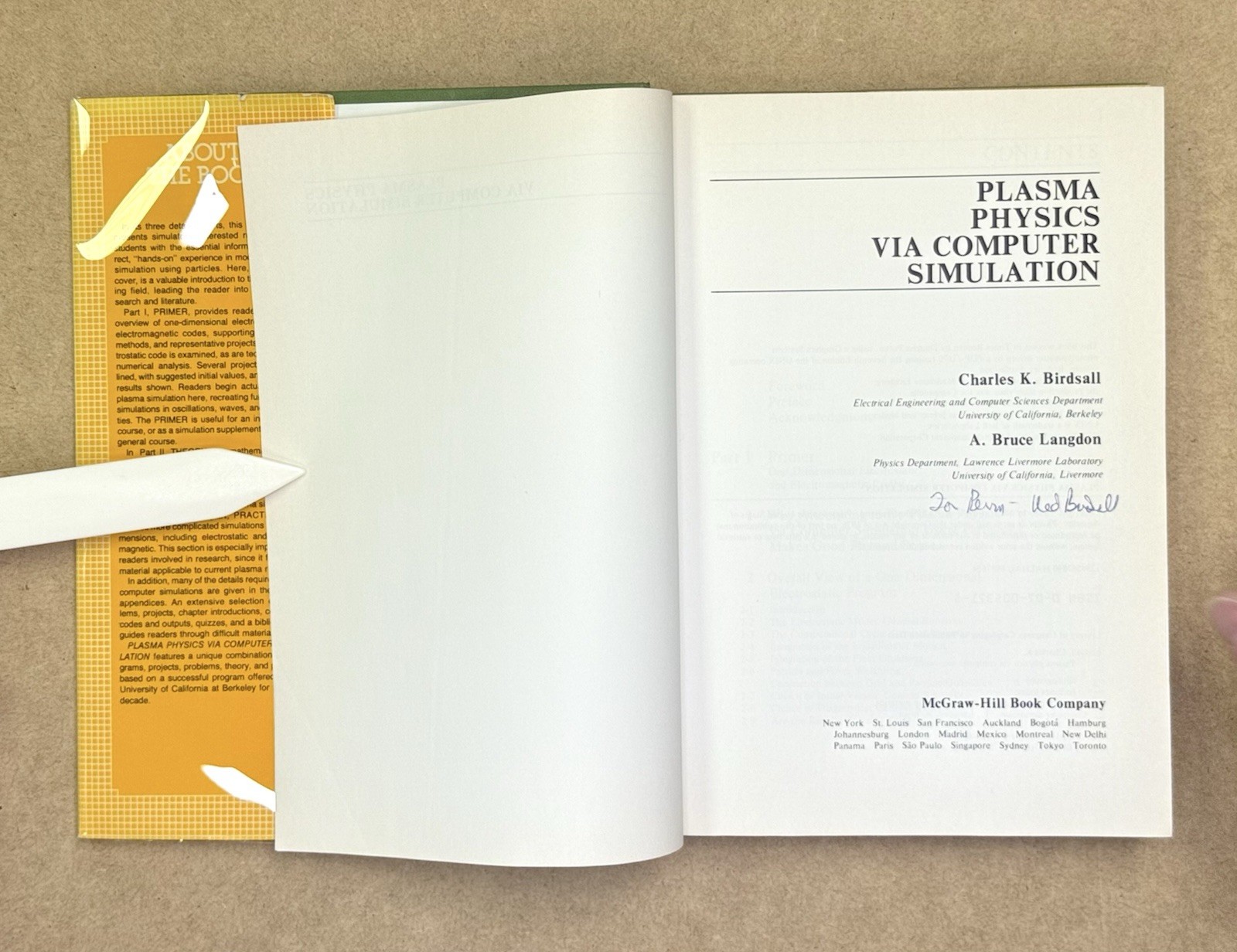 Signed! Plasma Physics Via Computer Simulation by Birdsall & Langdon 1985 HCDJVG