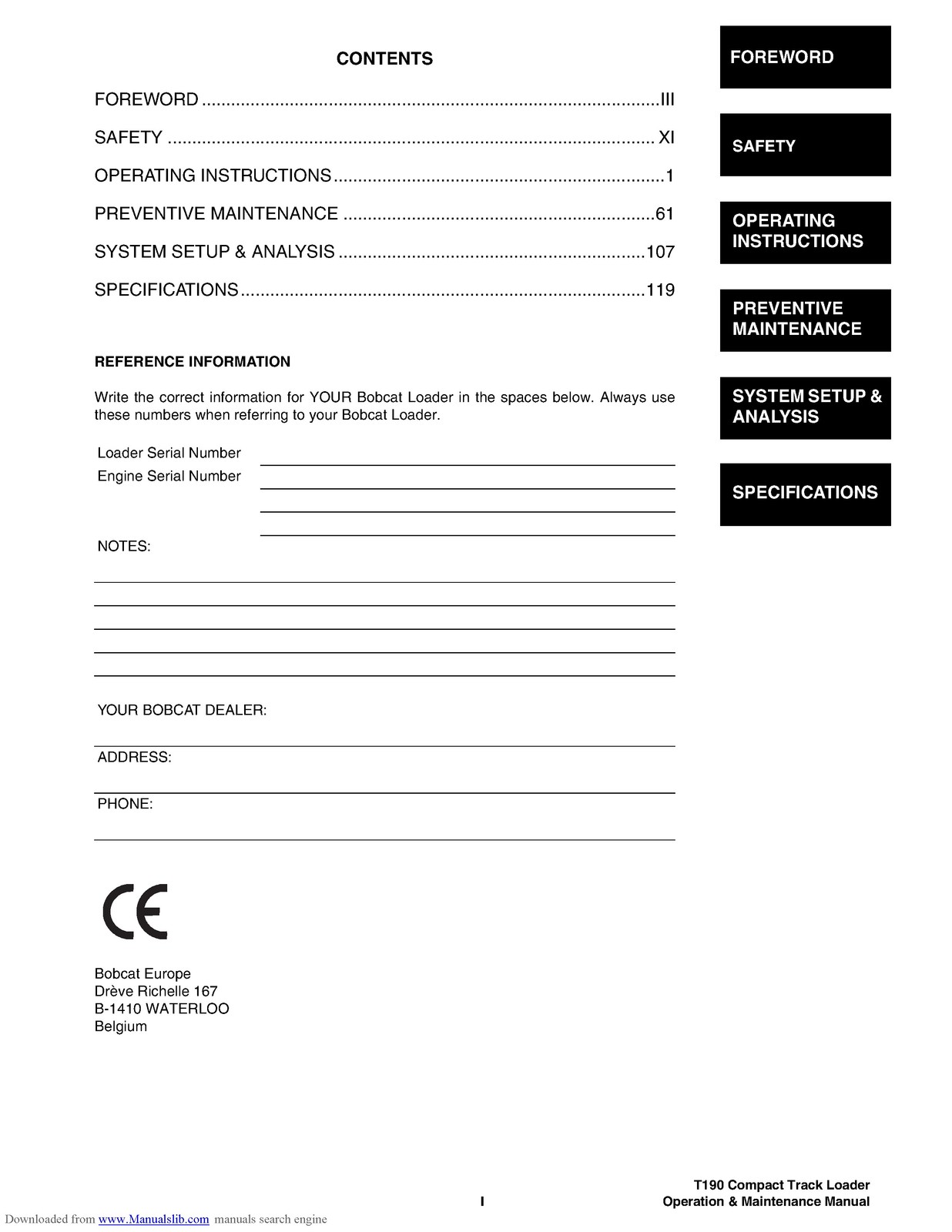 BOBCAT T190 Operation Maintenance Manual 2006 SN 531711001 Up – WIRE BOUND