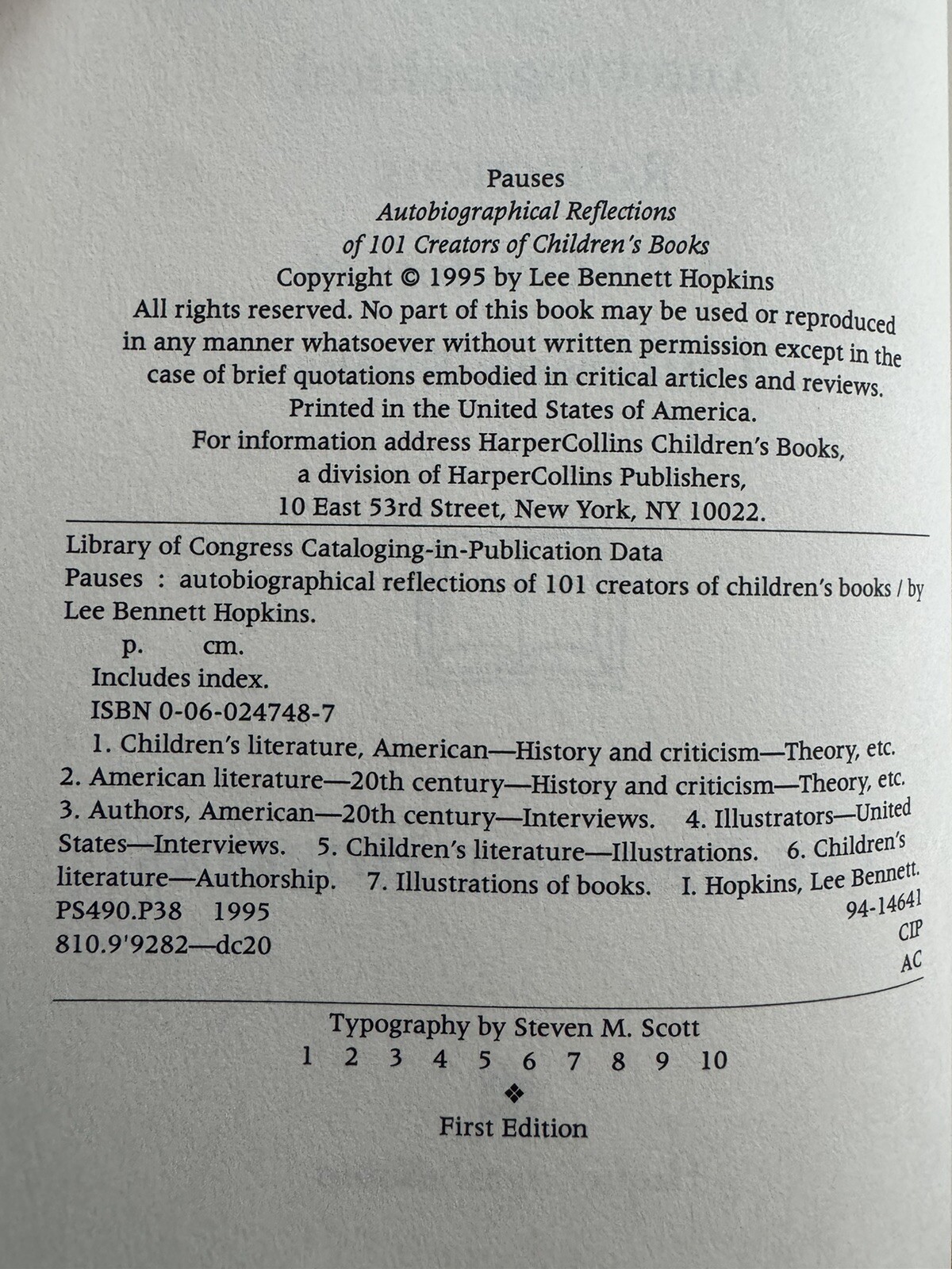 Pauses: Autobiographical Reflections of 101 Creators of Children’s Books Hopkins