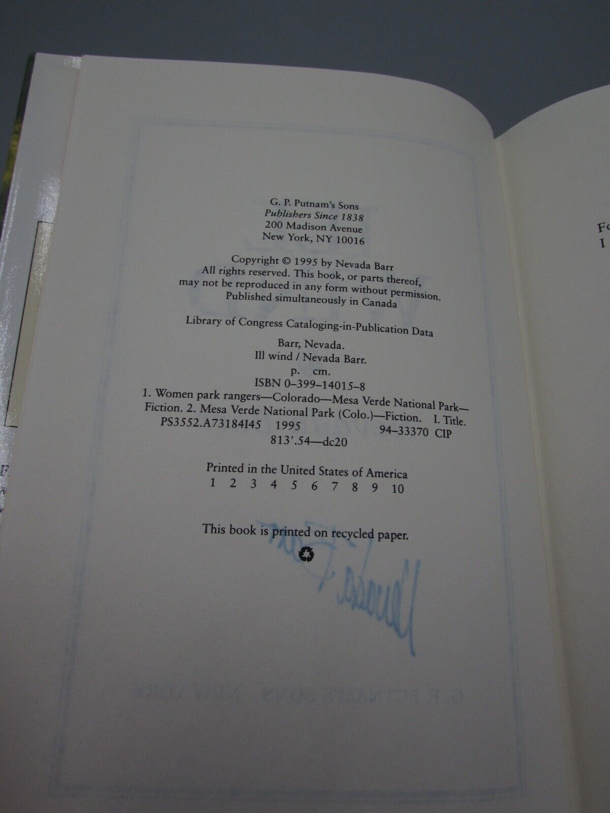 1995 ILL WIND AN ANNA PIGEON SUSPENSE NOVEL BY NEVADA BARR SIGNED 1ST ED BK151