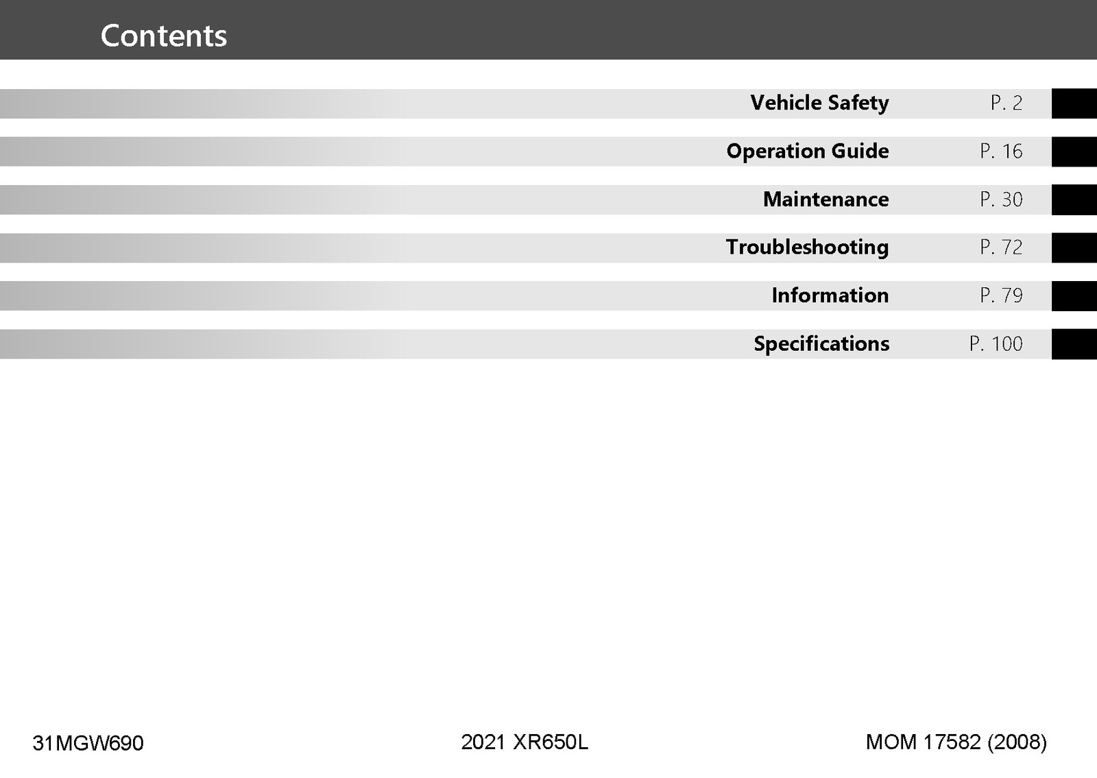 HONDA 2021 XR650L Motorcycle Owners Manual SECURED – COVERING – XL FOLDOUT PAGES
