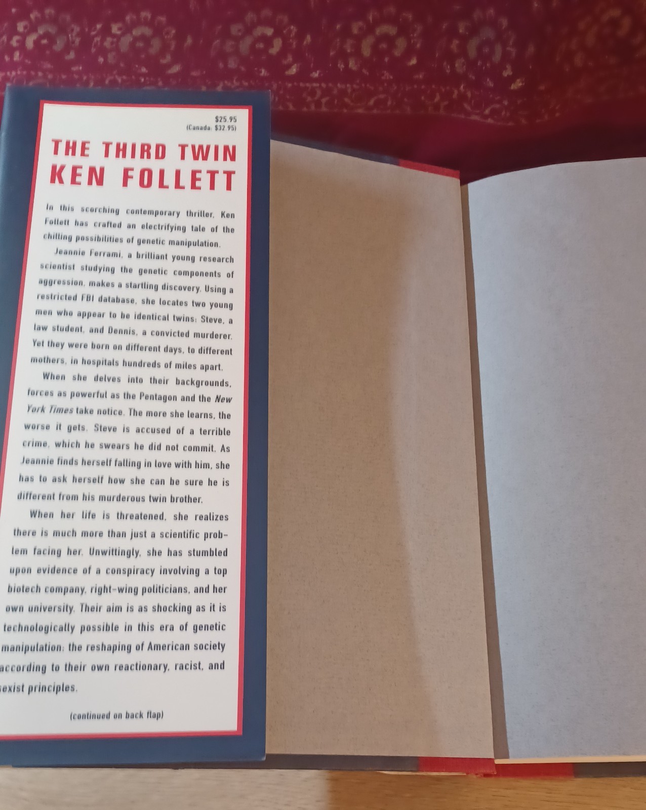 “THE THIRD TWIN” by Ken Follett – 1996 First Edition/First Printing, Hardcover
