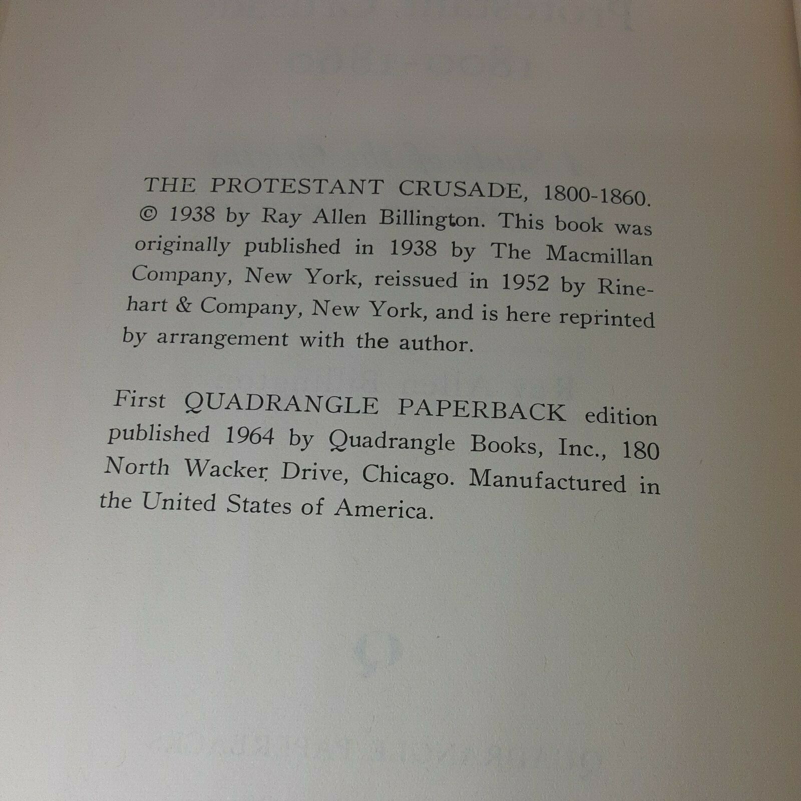 The Protestant Crusade 1800-1860 By Ray Allen Billington 1964 Paperback