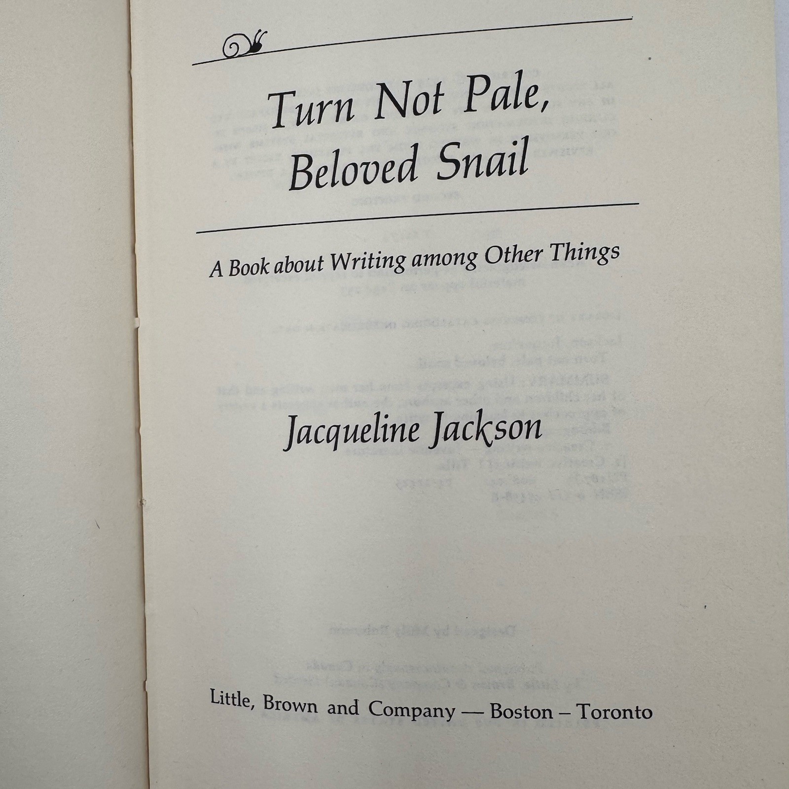 Turn Not Pale Beloved Snail Jacqueline Jackson 1974 Hardcover DJ 2nd Printing