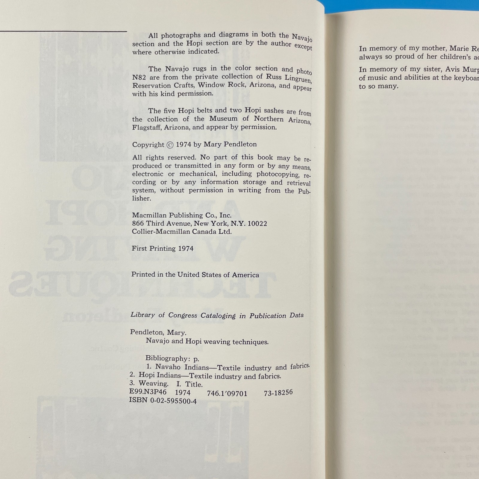 Navajo Hopi Weaving Techniques Mary Pendleton Macmillan 1974 hardcover