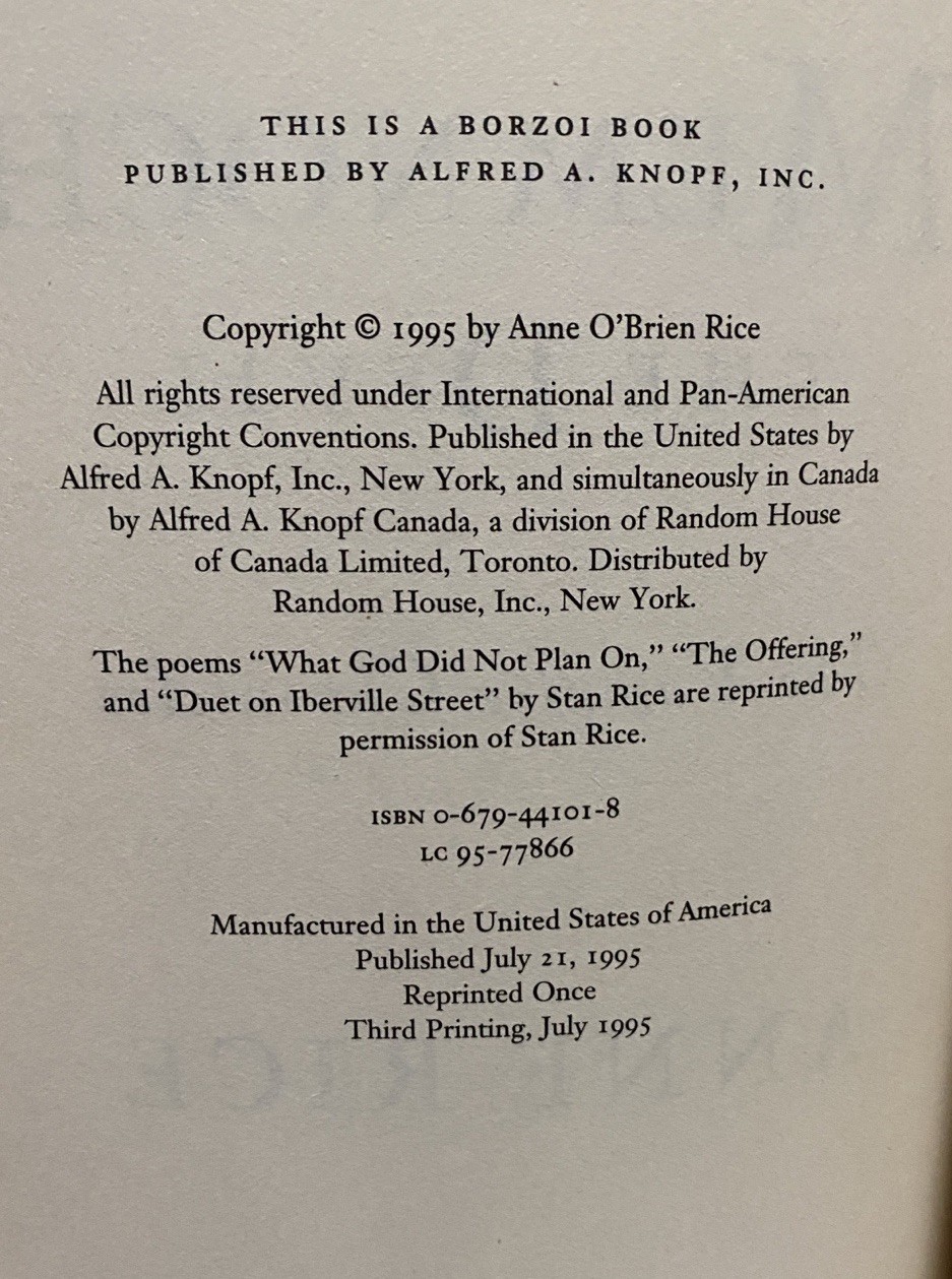 SIGNED ANNE RICE Memnoch the Devil: The Vampire Chronicles 3rd Printing HC Book
