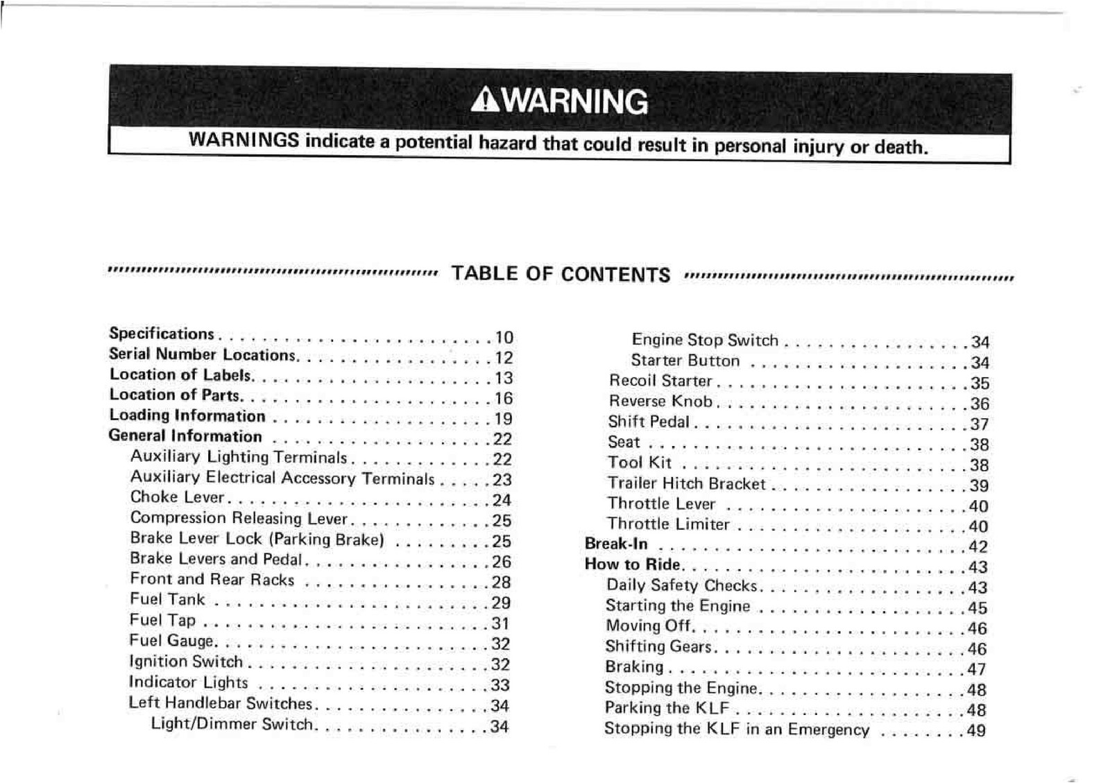 KAWASAKI Bayou 220 Owners Manual 1997 – STEEL WIRE BOUND – PROTECTIVE COVERS