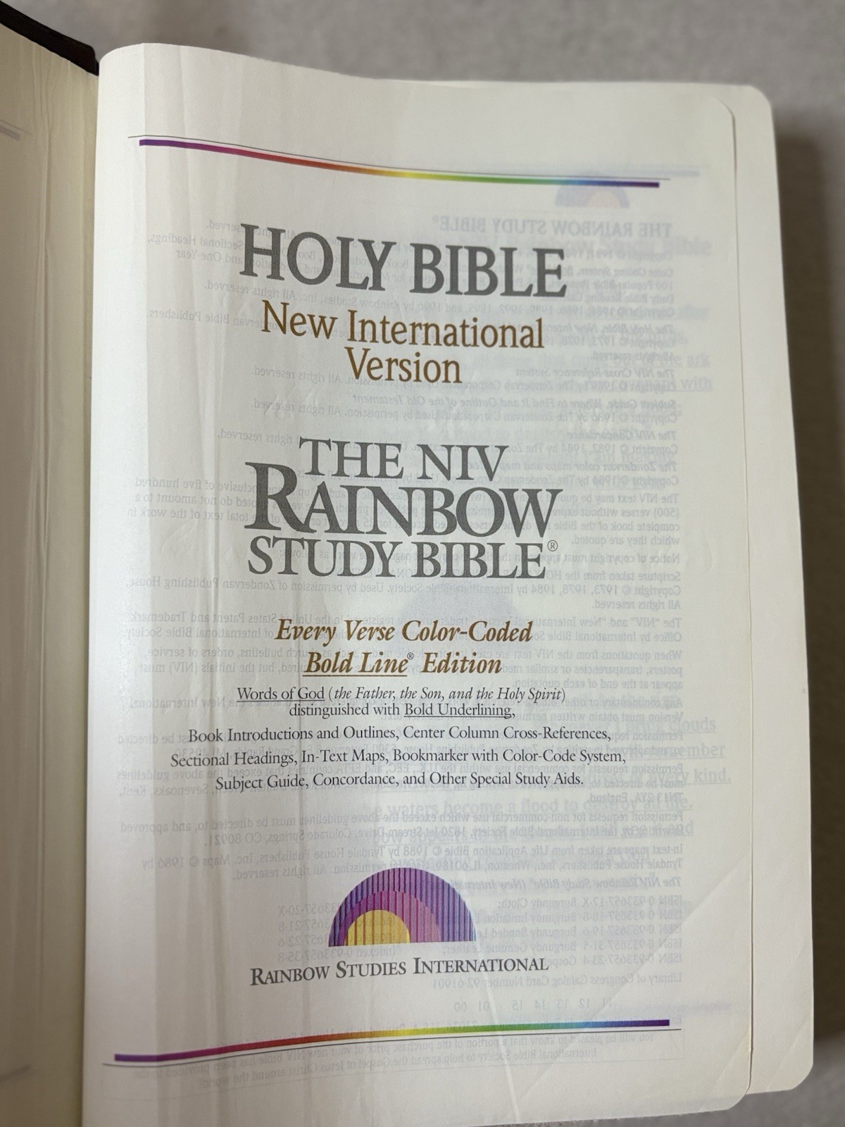 NIV Rainbow Study Bible Color Coded Bold Line 1992 Burgundy RSI Bonded Leather