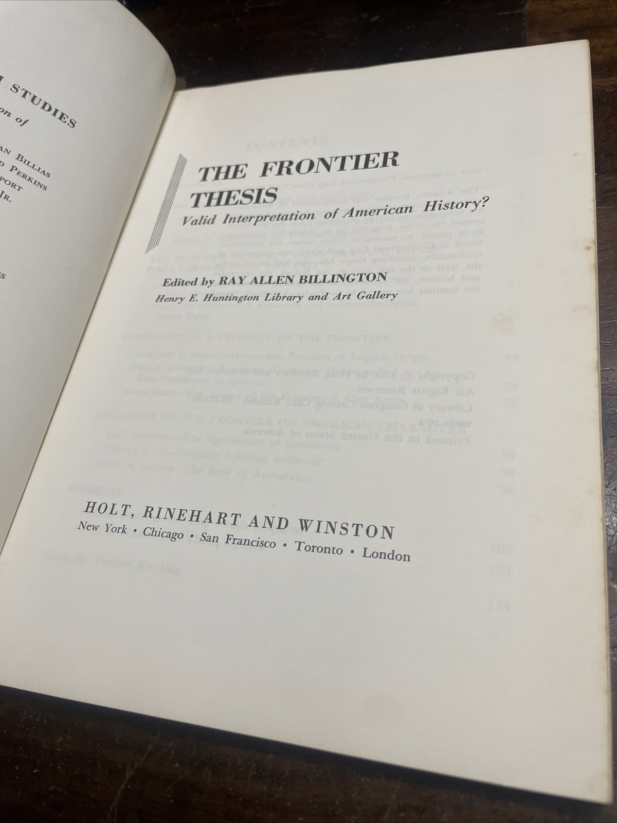 RAY ALLEN BILLINGTON, THE FRONTIER THESIS. AMERICAN HISTORY. 1966