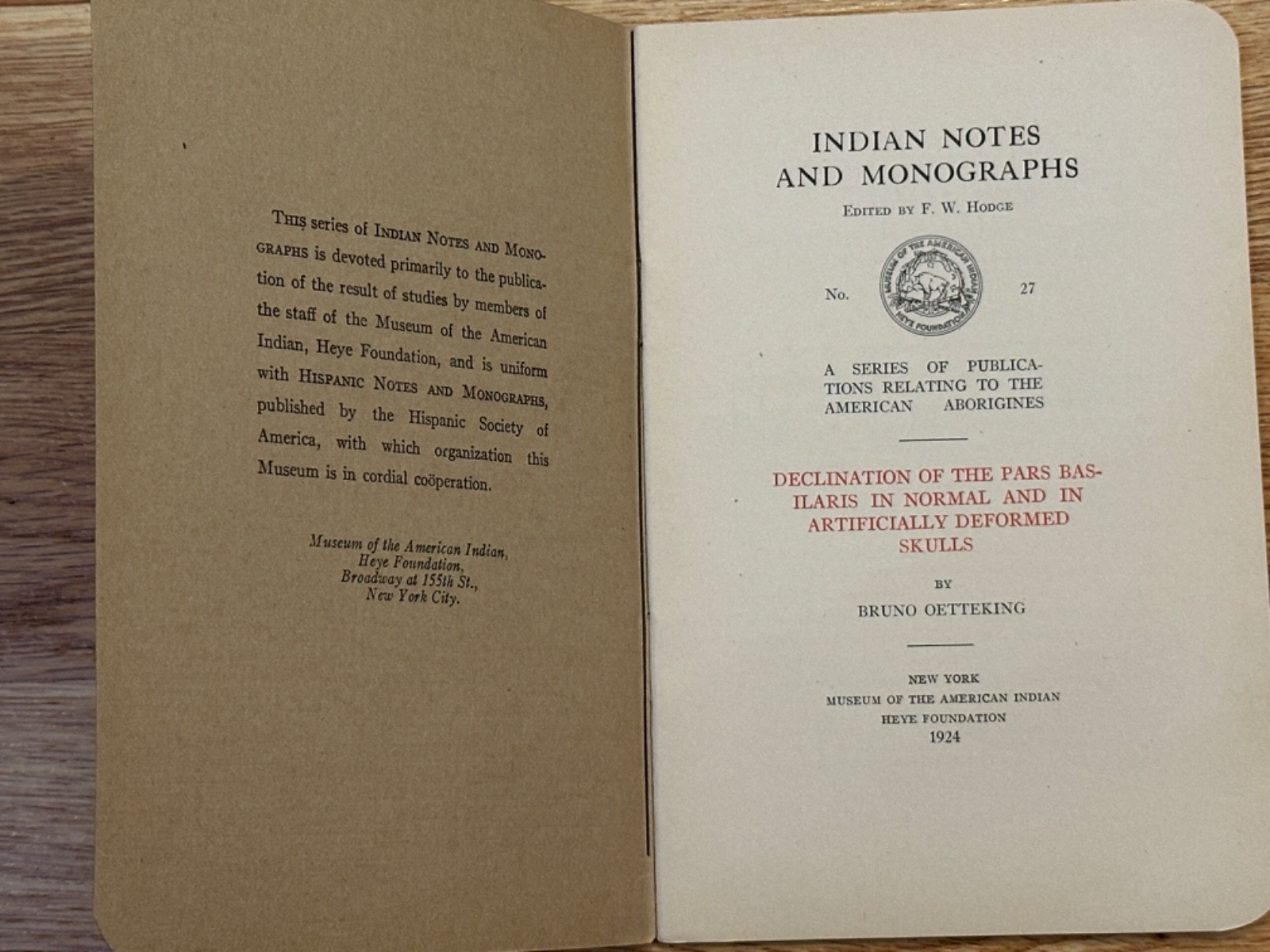 1924 INDIAN NOTES & MONOGRAPHS MUSEUM OF THE AMERICAN INDIAN HEYE FOUNDATION #27