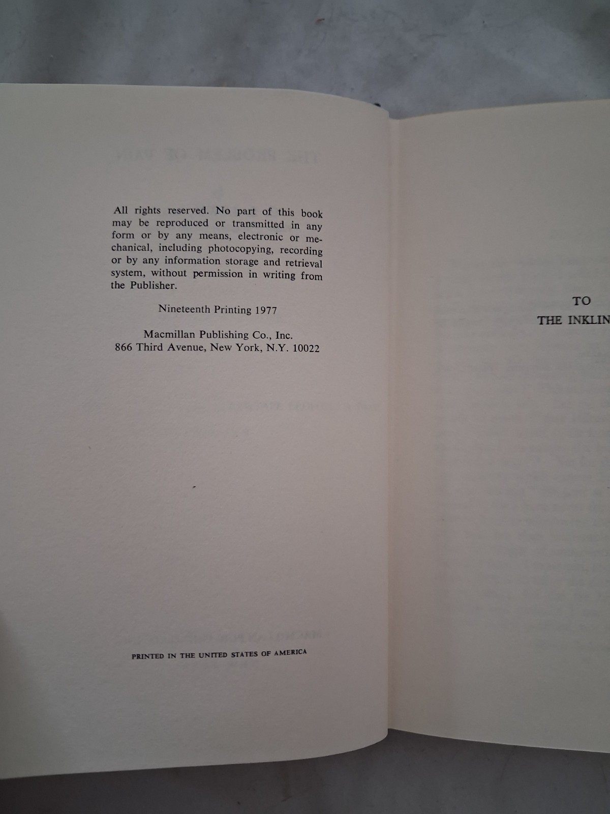 C.S. Lewis The Problem of Pain 1977 Macmillan Hardcover, 19th printing