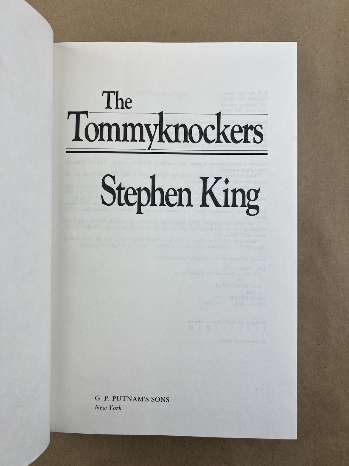 Tommyknockers; Stephen King, GP Putnam, 1987, First Edition, First Printing HCDJ