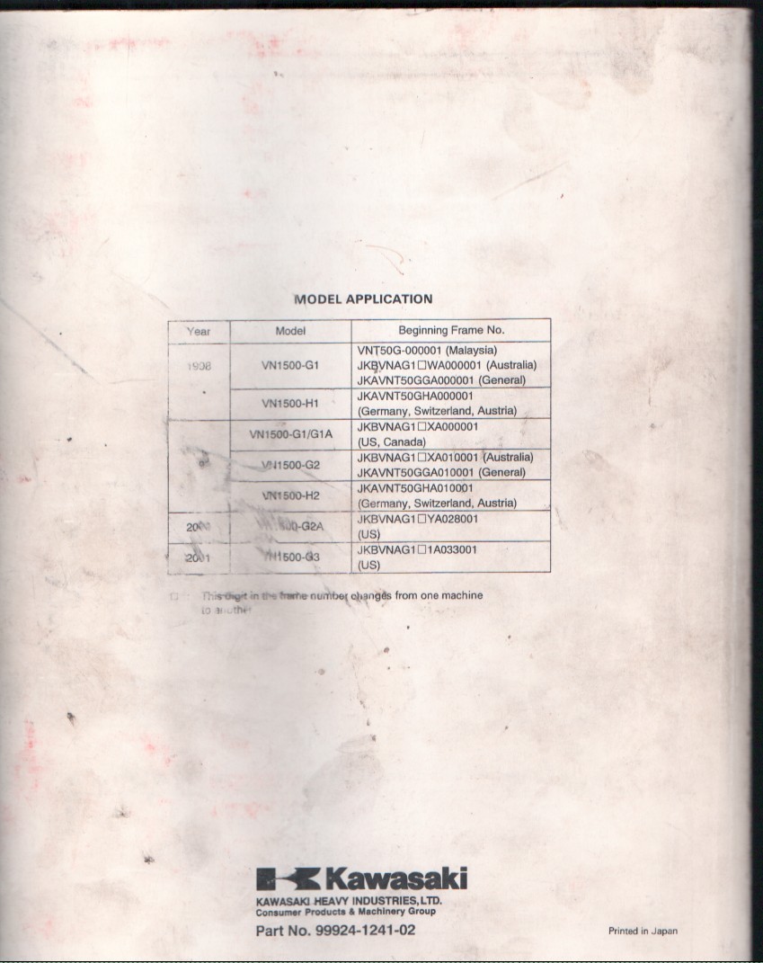 Kawasaki VN1500 Classic Tourer Vulcan Nomad Service Manual 99924-1241-02 MN3058