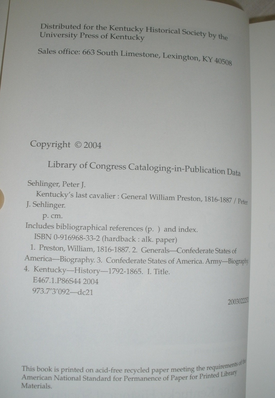 Kentucky’s Last Cavalier General William Preston 1816-1887 Peter Sehlinger HCDJ
