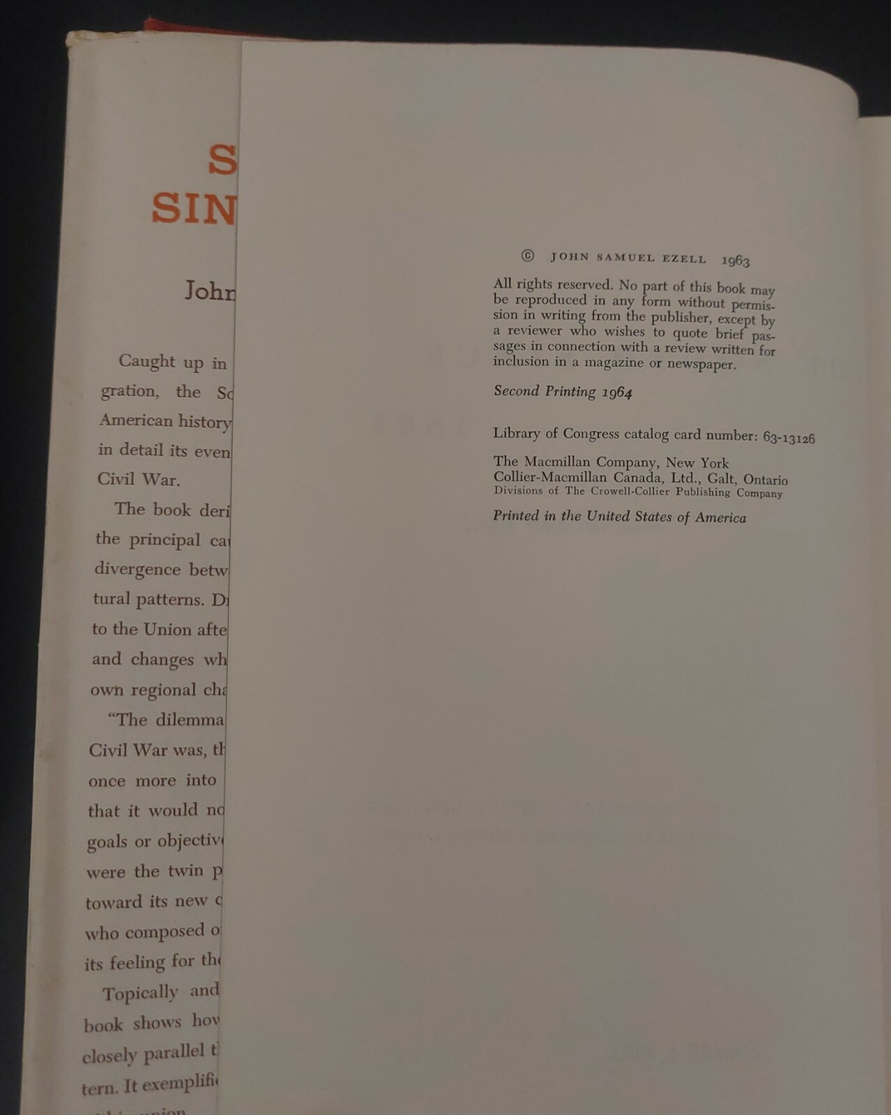 Vintage 1964 “The South Since 1865” John S Ezell HC/DJ First Edition/2nd Printng
