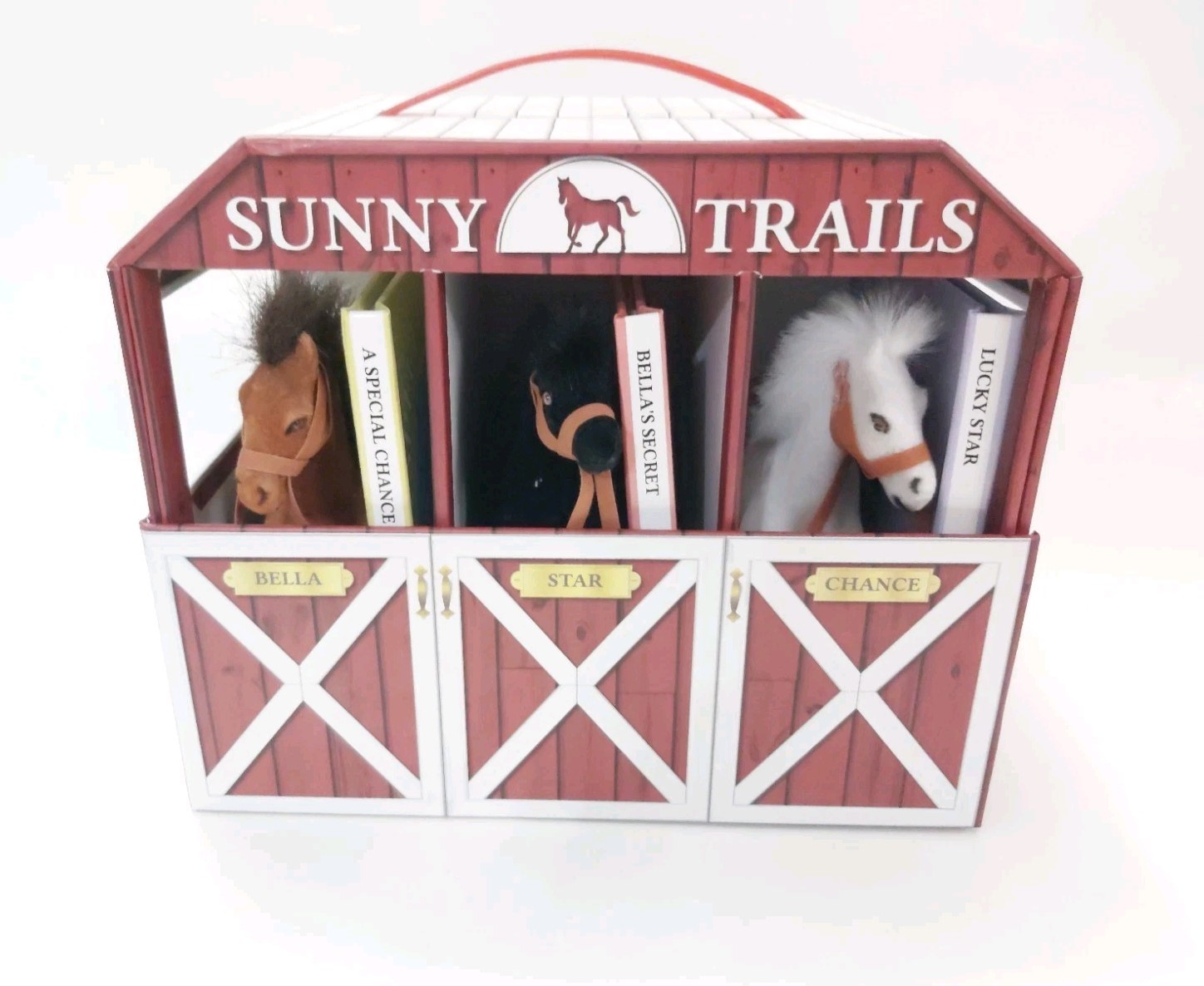 Sunny Trails Farms 3 Books 3 Plush Flocked Horse Figures Stable Barn Play Set