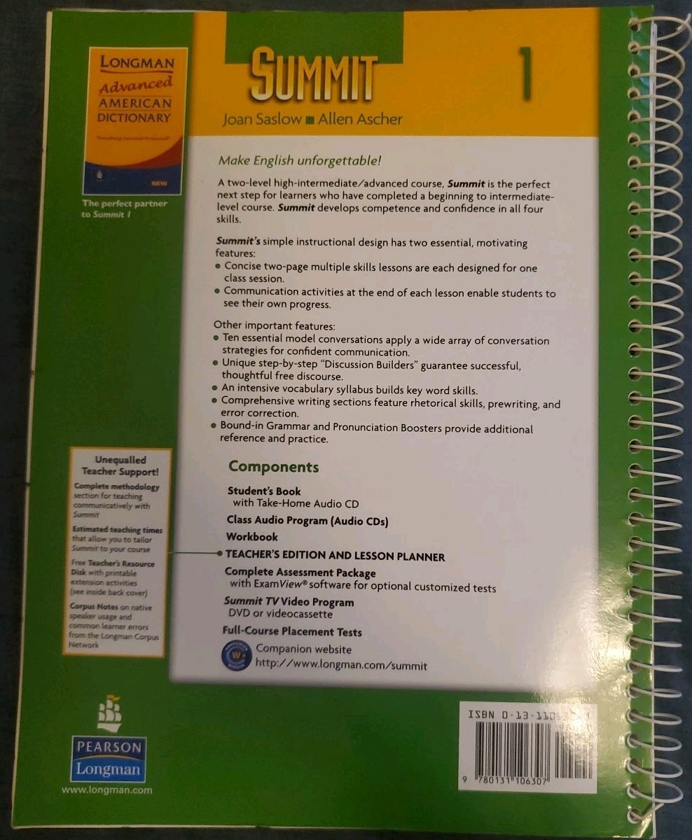 Summit 1 Teacher’s Edition and Lesson Planner With CD Joan Saslow Allen Ascher