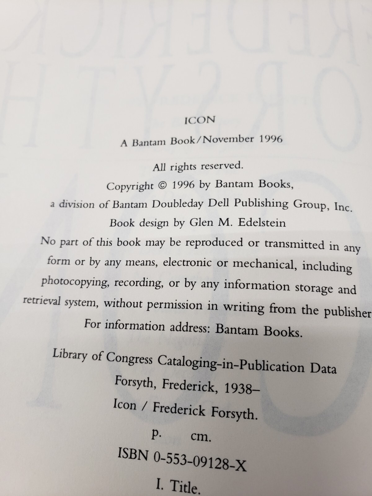 Icon by Frederick Forsyth Bantam Books NY 1996 First Edition HC