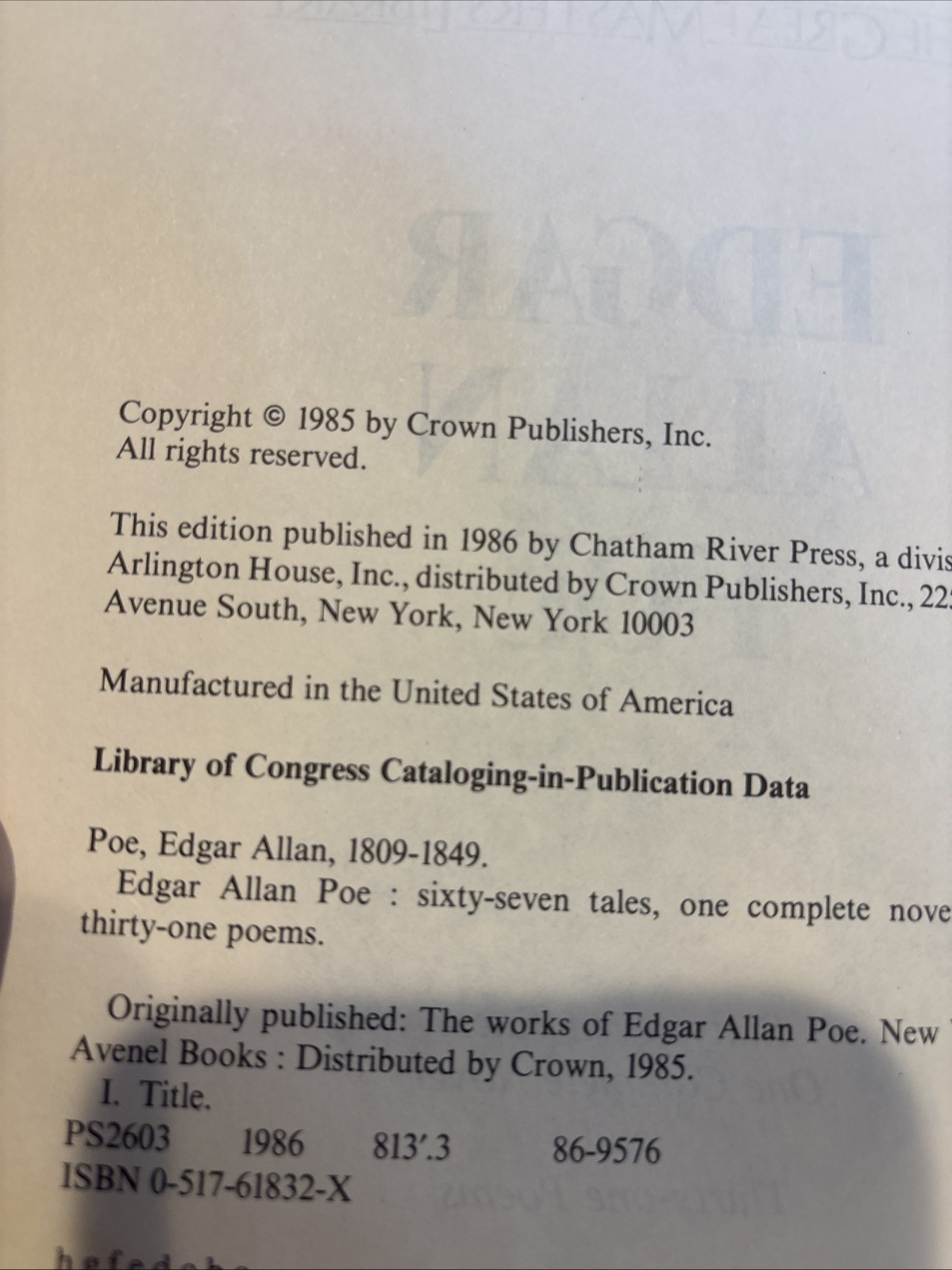 Edgar Allan Poe, 1986, Chatham River Press, 753 Pages! HC Edition