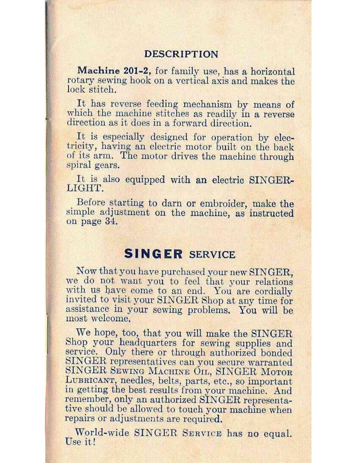 SINGER 201-2 Electric Sewing Machine Instructions For Using Manual – WIRE BOUND
