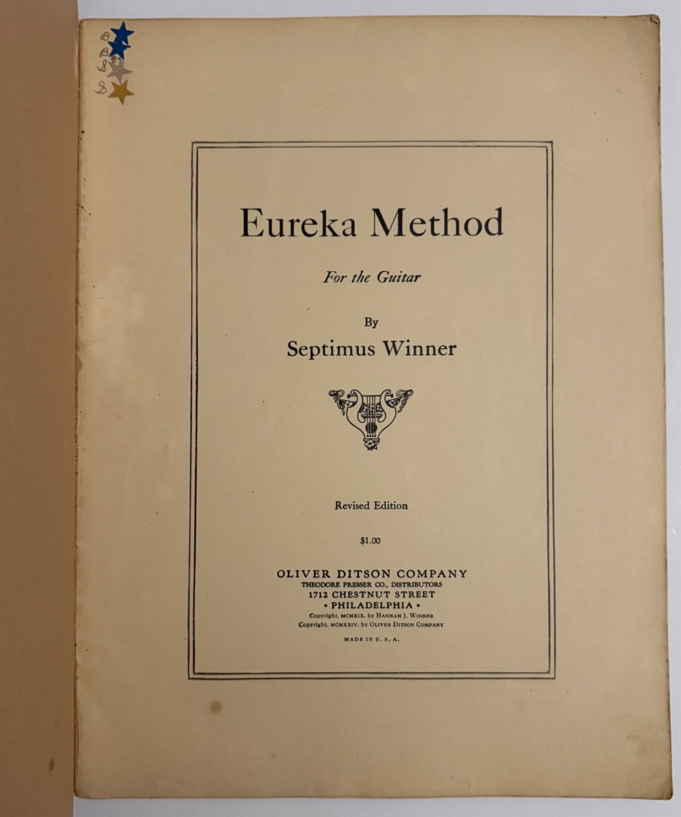 Vintage Eureka Method for the Guitar by Septimus Winner Oliver Ditson Co. 1924