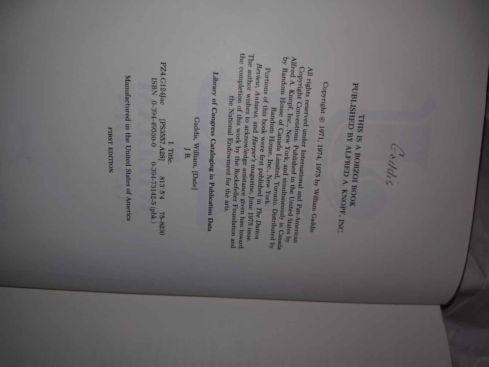 William Gaddis – JR, True First Edition, First Printing – Not BCE ,VG+ Mylar Cov