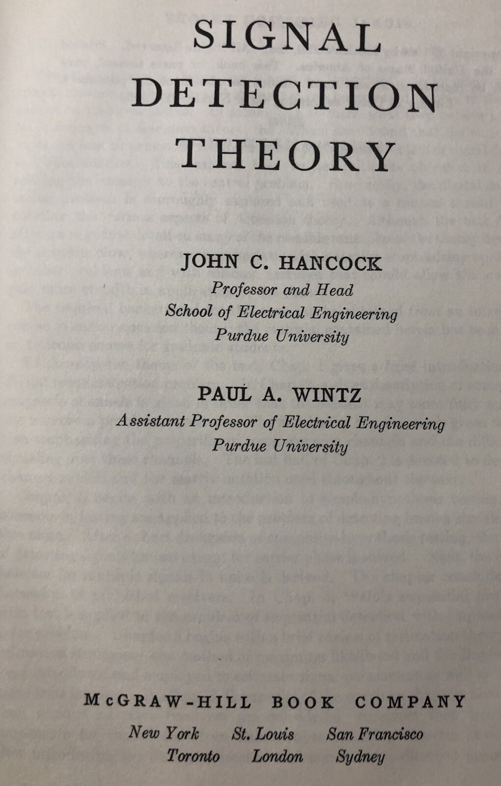 Signal Detection Theory By Hancock & Wintz Electrical Engineering Series Vg2