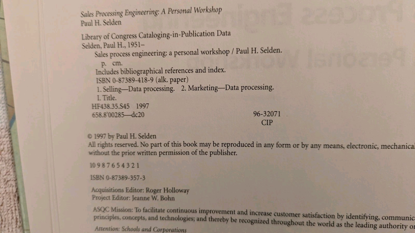 Paul Seldon, SALES PROCESS ENGINEERING: A Personal Workshop, HB, 1997, 310 Pages