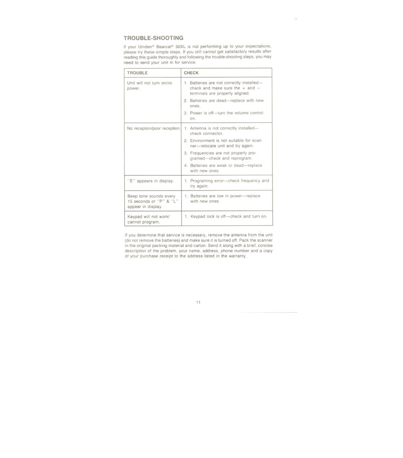 UNIDEN Bearcat BC 50XL Scanner Operating Instructions Manual – WIRE BOUND