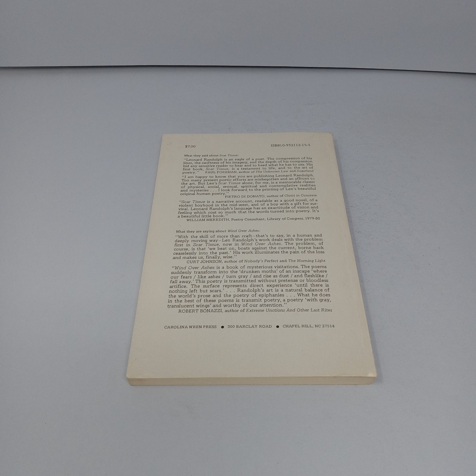 Wind Over Ashes: Selected Poems 1982 Carolina Wren Press PB by Leonard Randolph