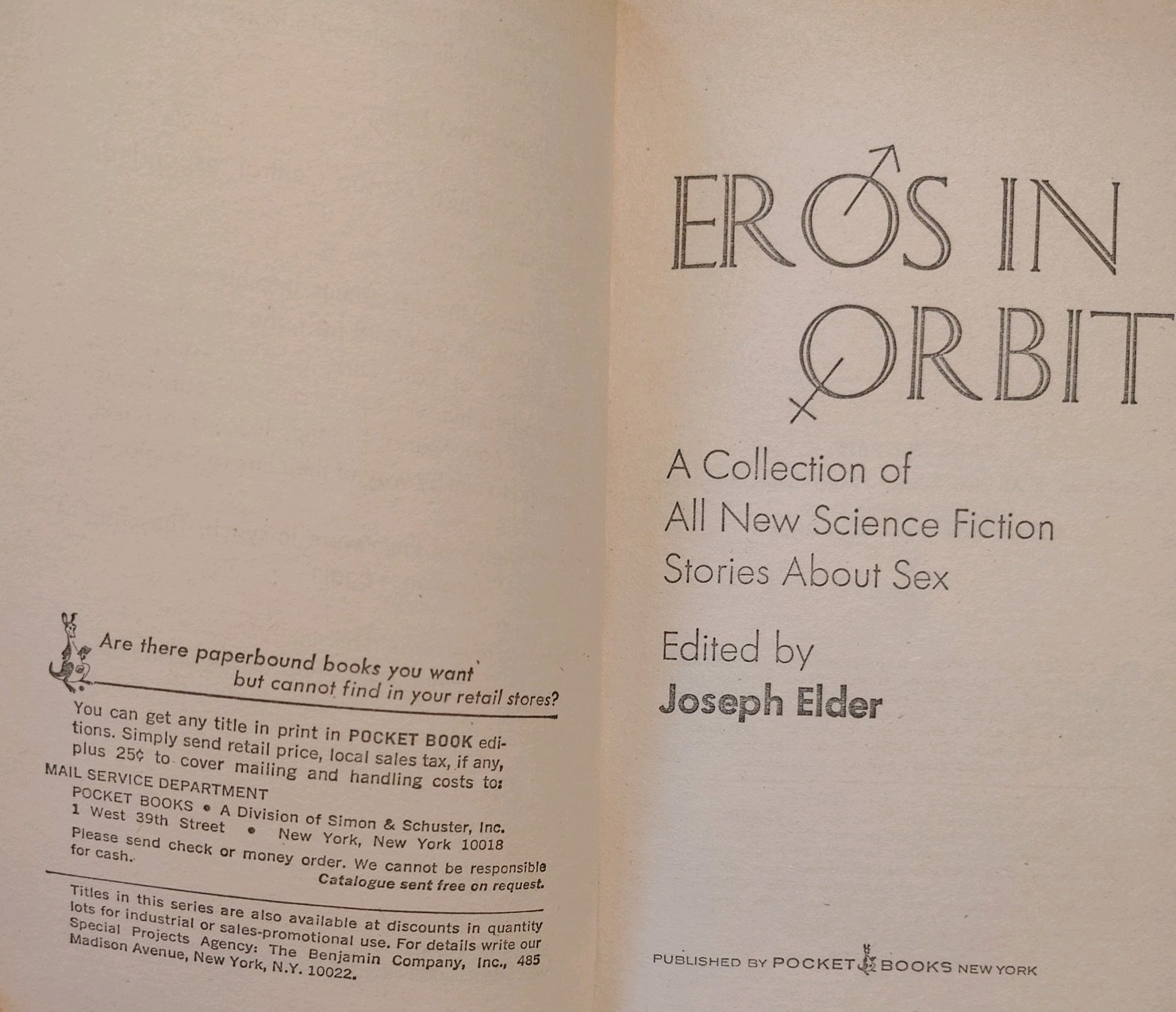 EROS IN ORBIT Edited Joseph Elder 1st Pocket 1973 Edition, Rare SC FI Pulp, PB