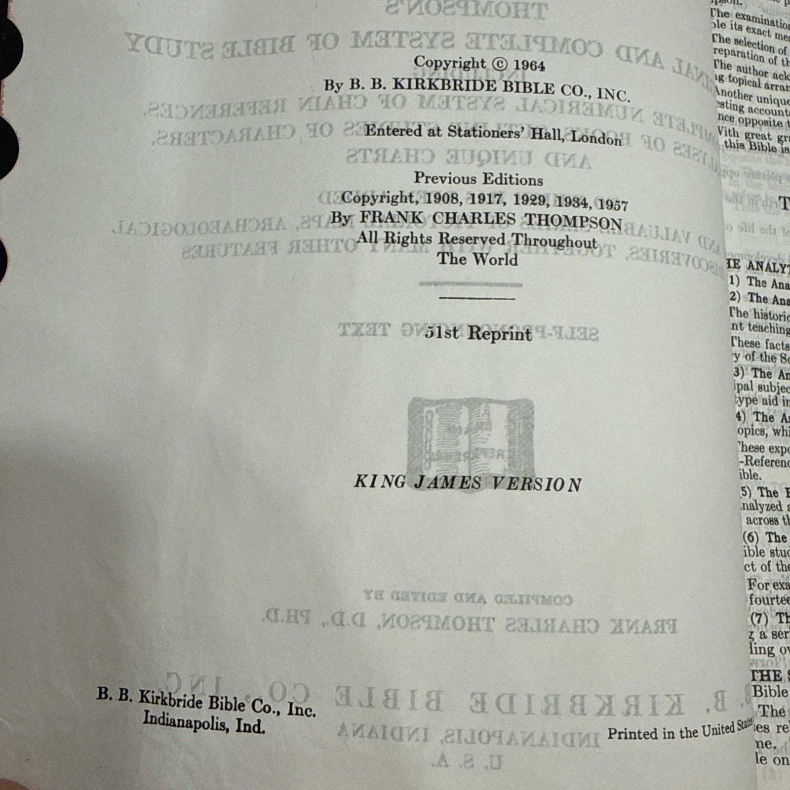 The New Chain Reference Bible Thompson 4th Improved Edition 1964 Kirkbride 51st