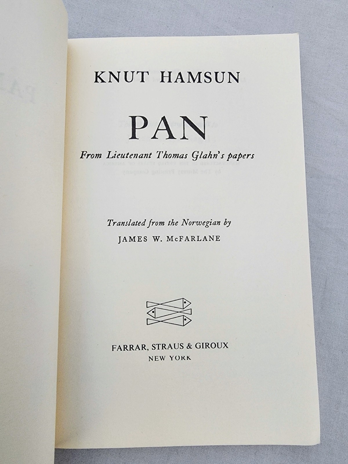 Pan by Knut Hamsun (1986 print) *VERY GOOD* Farrar, Straus & Giroux