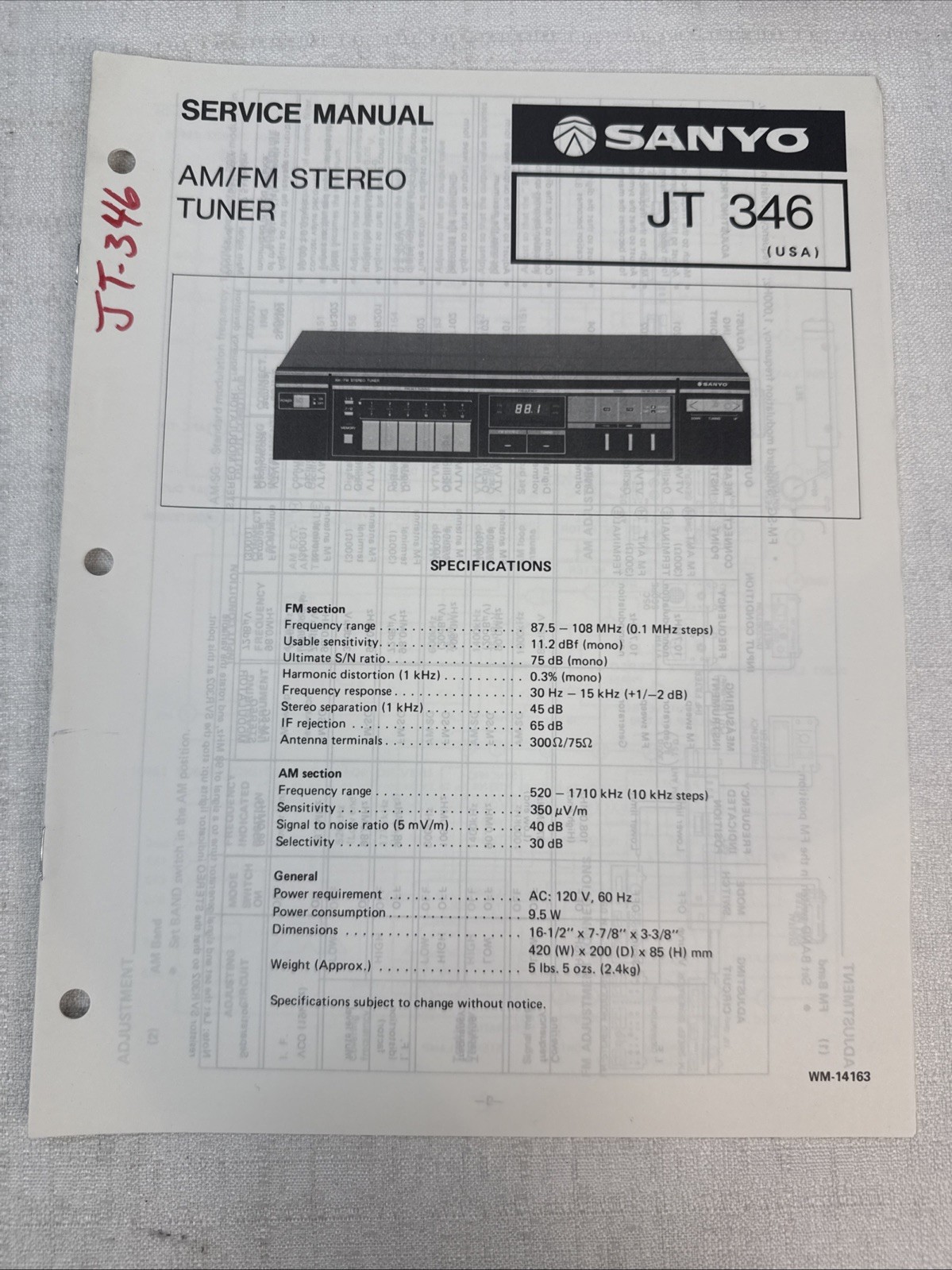 Vintage Sanyo Service Manual Model Number JT 346