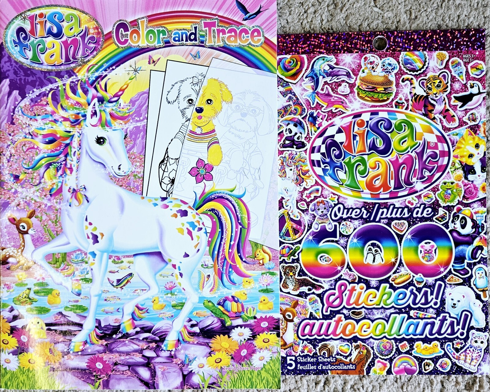 LISA FRANK Color & Trace Activity Book with Sticker Book Over 600 Stickers
